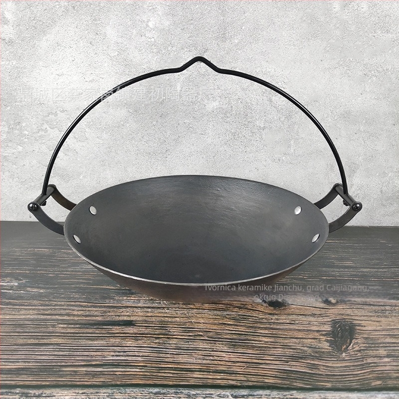 Tradicionalni viseći lijevani lonac za gulaš – kineskog stila, bez premaza, s jednim dnom, kompatibilan s plinskom pločom