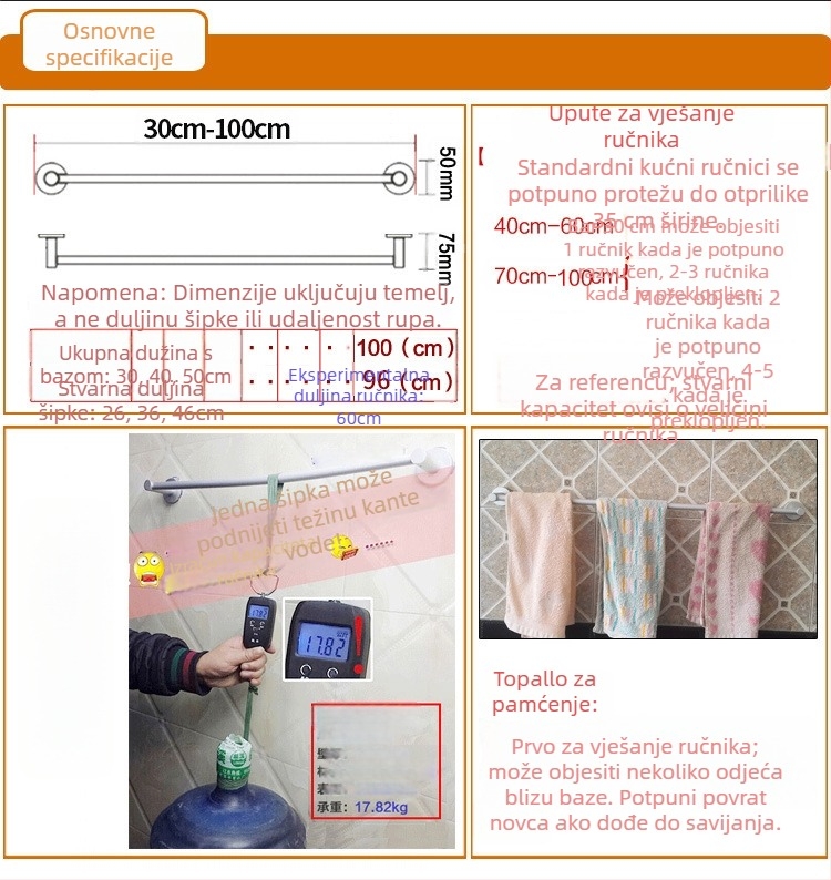 Zidni držač za ručnike, jednoručni štap, od kosmičkog aluminija, anodiziran, nosivost 30 kg, instalacija bez bušenja