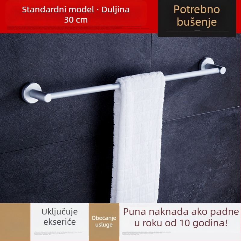 Zidni držač za ručnike, jednoručni štap, od kosmičkog aluminija, anodiziran, nosivost 30 kg, instalacija bez bušenja