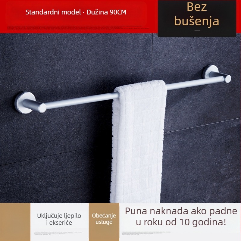 Zidni držač za ručnike, jednoručni štap, od kosmičkog aluminija, anodiziran, nosivost 30 kg, instalacija bez bušenja
