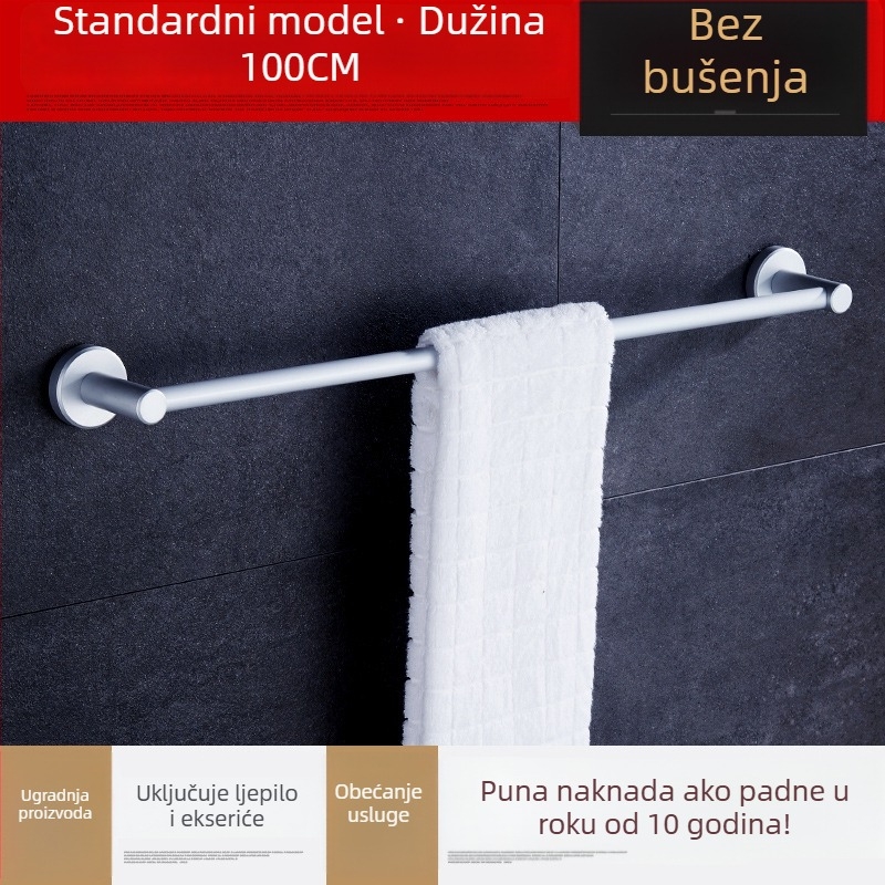 Zidni držač za ručnike, jednoručni štap, od kosmičkog aluminija, anodiziran, nosivost 30 kg, instalacija bez bušenja