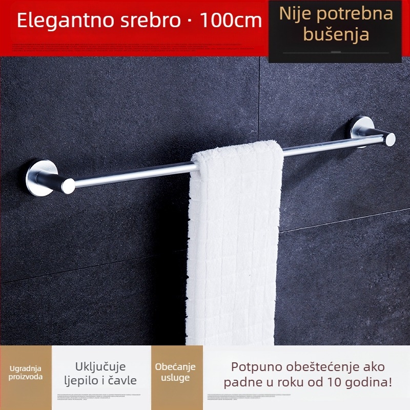 Zidni držač za ručnike, jednoručni štap, od kosmičkog aluminija, anodiziran, nosivost 30 kg, instalacija bez bušenja
