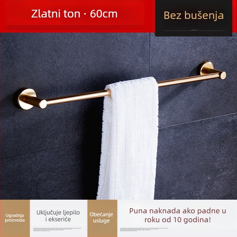 Zidni držač za ručnike, jednoručni štap, od kosmičkog aluminija, anodiziran, nosivost 30 kg, instalacija bez bušenja