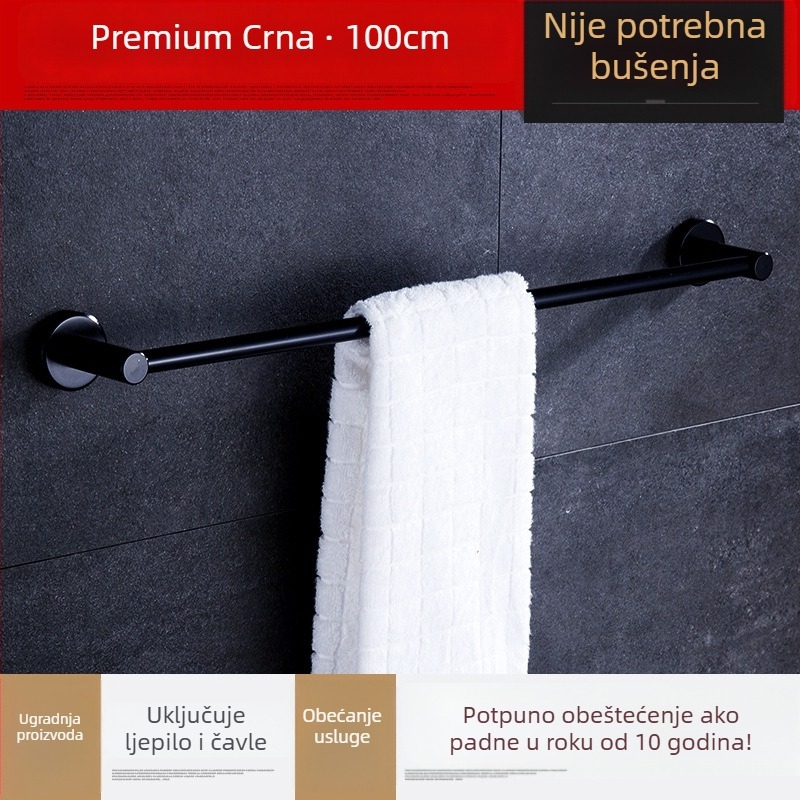 Zidni držač za ručnike, jednoručni štap, od kosmičkog aluminija, anodiziran, nosivost 30 kg, instalacija bez bušenja