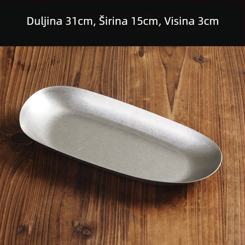 Ploški tanjur od nehrđajućeg čelika 304, retro stil, mat površina, pogodna za mikrovalnu.