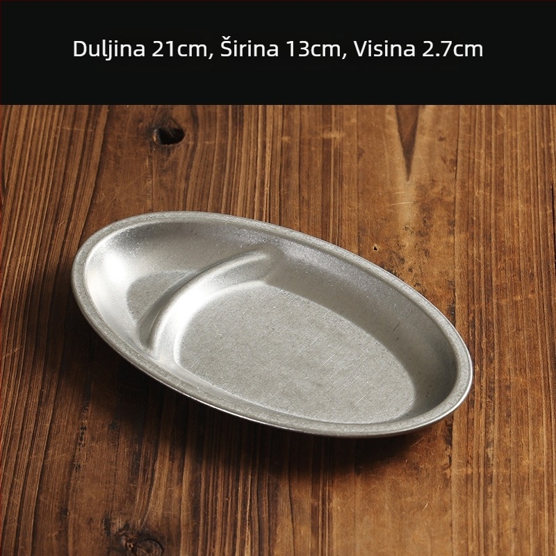 Ploški tanjur od nehrđajućeg čelika 304, retro stil, mat površina, pogodna za mikrovalnu.