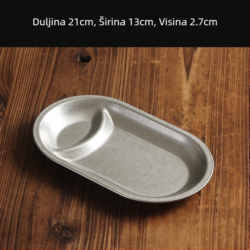 Ploški tanjur od nehrđajućeg čelika 304, retro stil, mat površina, pogodna za mikrovalnu.