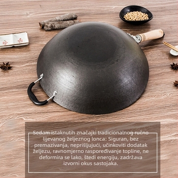 Wok od lijevanog željeza, bez premaza, okruglo dno, kompatibilan s indukcijom