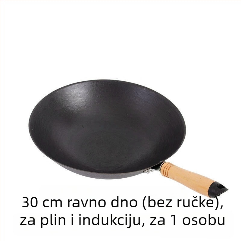 Wok od lijevanog željeza, bez premaza, okruglo dno, kompatibilan s indukcijom