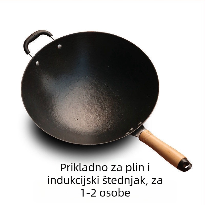 Wok od lijevanog željeza, bez premaza, okruglo dno, kompatibilan s indukcijom