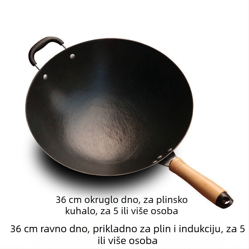 Wok od lijevanog željeza, bez premaza, okruglo dno, kompatibilan s indukcijom