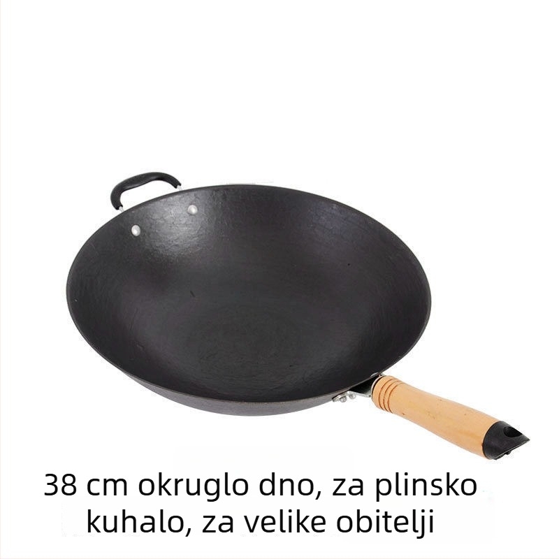Wok od lijevanog željeza, bez premaza, okruglo dno, kompatibilan s indukcijom