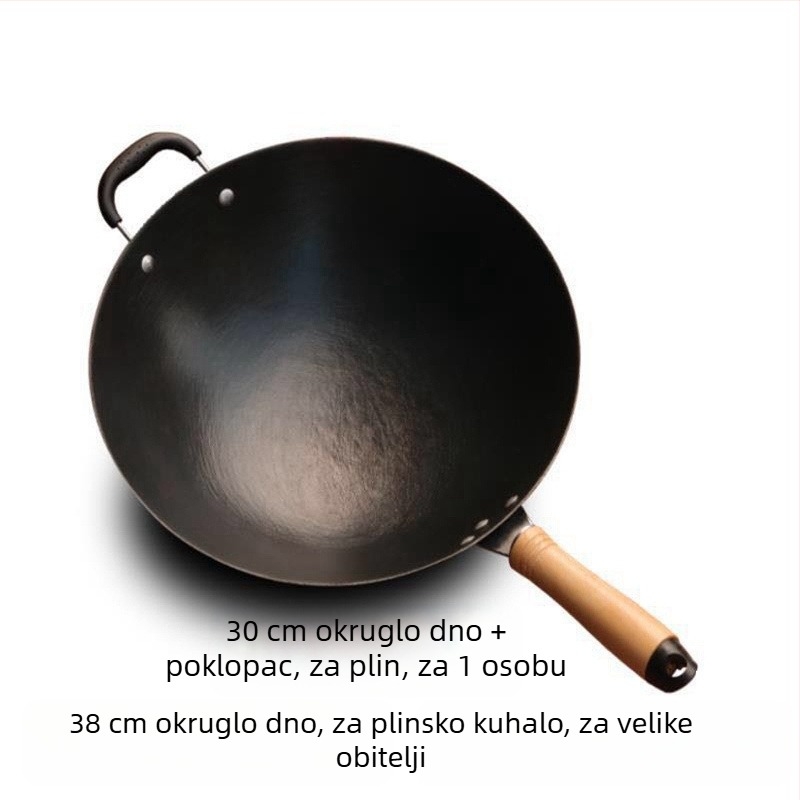 Wok od lijevanog željeza, bez premaza, okruglo dno, kompatibilan s indukcijom