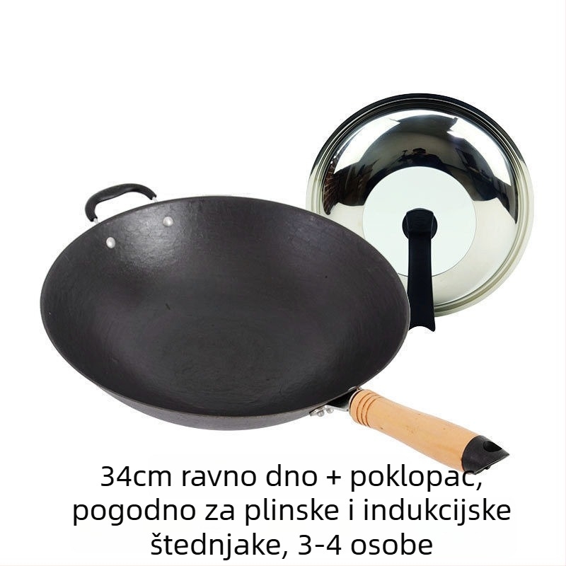Wok od lijevanog željeza, bez premaza, okruglo dno, kompatibilan s indukcijom
