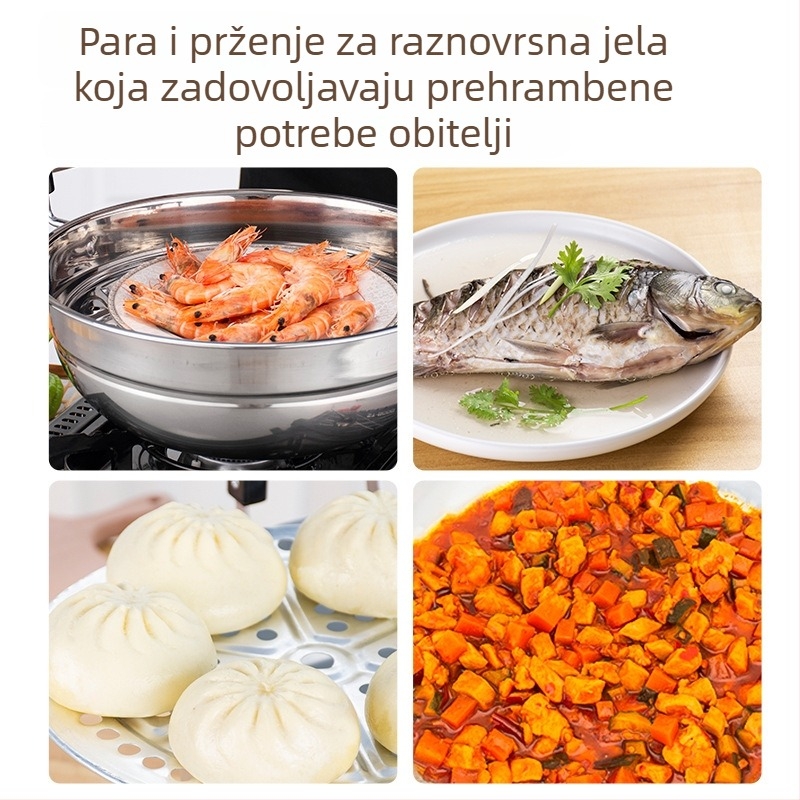 Wok od nehrđajućeg čelika za parenje i prženje – dvostruka namjena posuda s jednim dnom, dubina 15 cm, poklopac od nehrđajućeg čelika, kompatibilan sa svim pločama