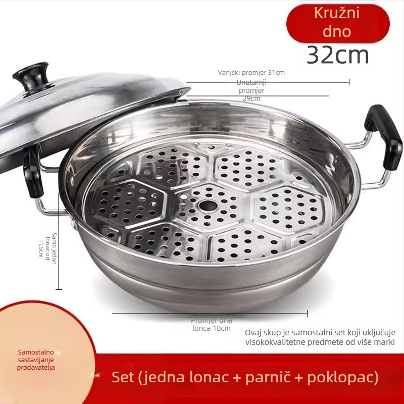 Wok od nehrđajućeg čelika za parenje i prženje – dvostruka namjena posuda s jednim dnom, dubina 15 cm, poklopac od nehrđajućeg čelika, kompatibilan sa svim pločama