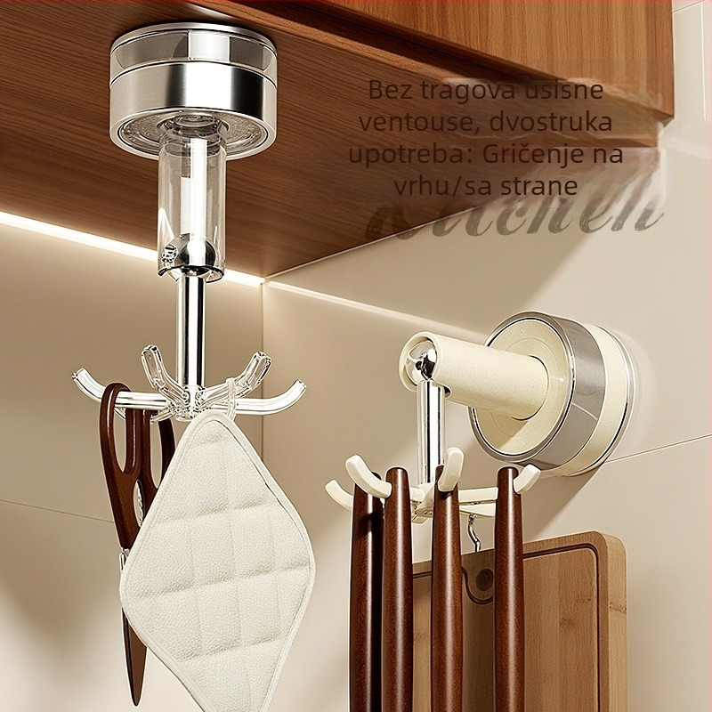 Kuhinjski usisni konus sa šest kandži, zidni rotirajući držač za spatule i žlice; PET+ABS; višenamjenski, bez ugradnje; Youqin