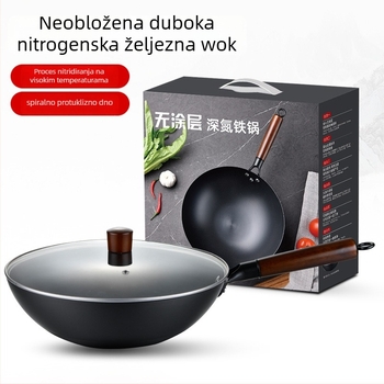 Love mom wok od nitridiranog lijevanog željeza, kineskog stila, okruglo dno, stakleni poklopac