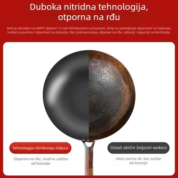 Love mom wok od nitridiranog lijevanog željeza, kineskog stila, okruglo dno, stakleni poklopac