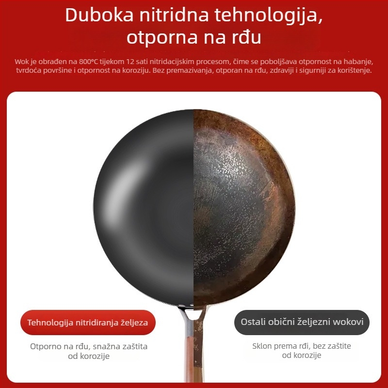 Love mom wok od nitridiranog lijevanog željeza, kineskog stila, okruglo dno, stakleni poklopac