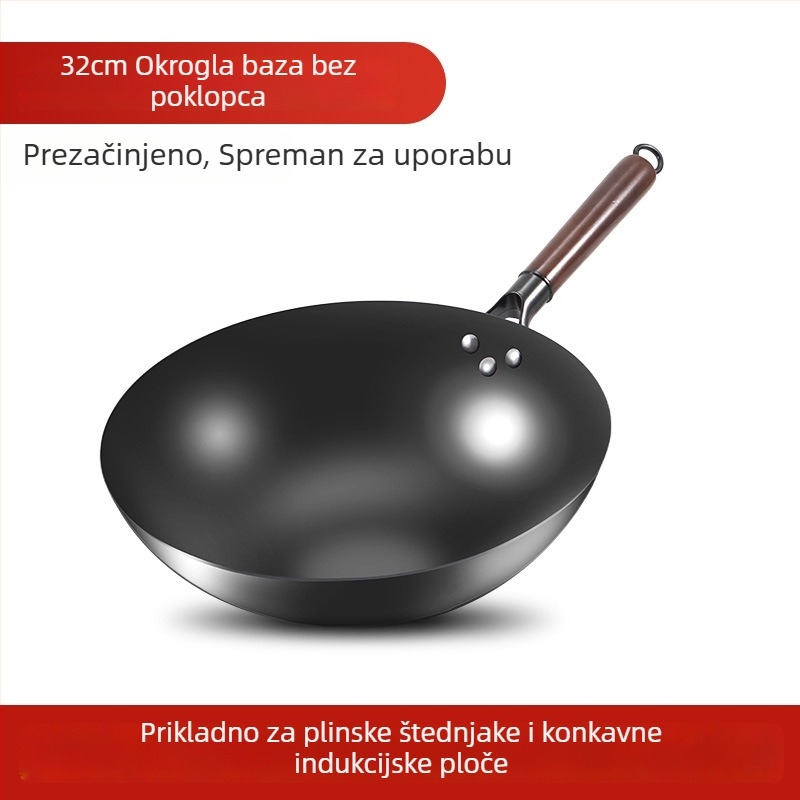Love mom wok od nitridiranog lijevanog željeza, kineskog stila, okruglo dno, stakleni poklopac