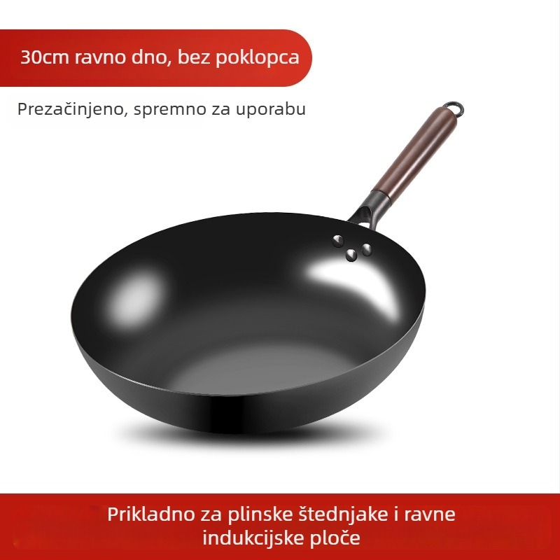 Love mom wok od nitridiranog lijevanog željeza, kineskog stila, okruglo dno, stakleni poklopac