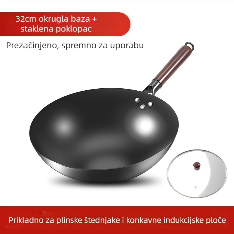 Love mom wok od nitridiranog lijevanog željeza, kineskog stila, okruglo dno, stakleni poklopac