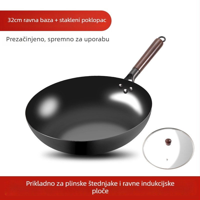 Love mom wok od nitridiranog lijevanog željeza, kineskog stila, okruglo dno, stakleni poklopac