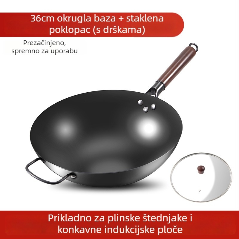 Love mom wok od nitridiranog lijevanog željeza, kineskog stila, okruglo dno, stakleni poklopac