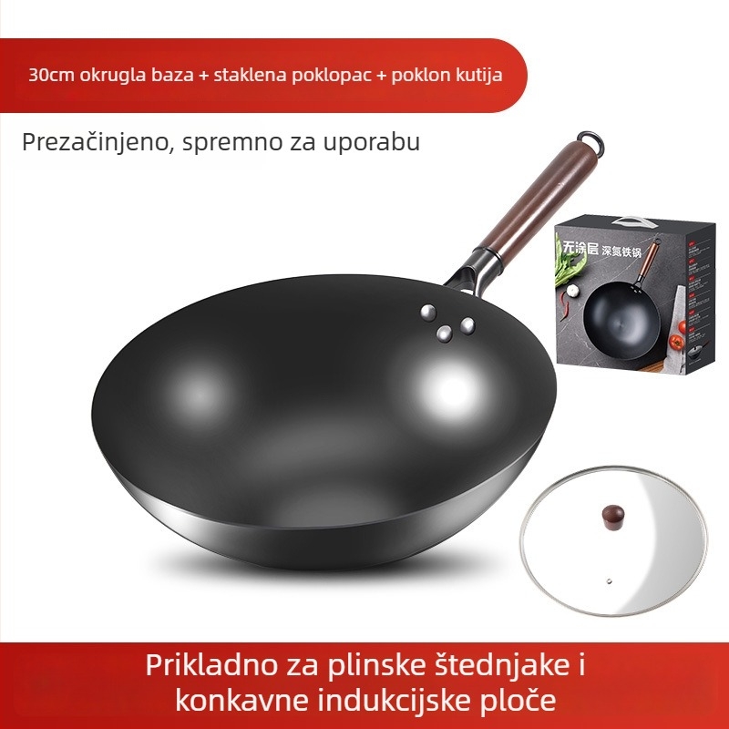 Love mom wok od nitridiranog lijevanog željeza, kineskog stila, okruglo dno, stakleni poklopac