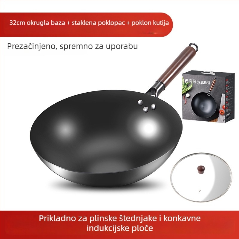 Love mom wok od nitridiranog lijevanog željeza, kineskog stila, okruglo dno, stakleni poklopac