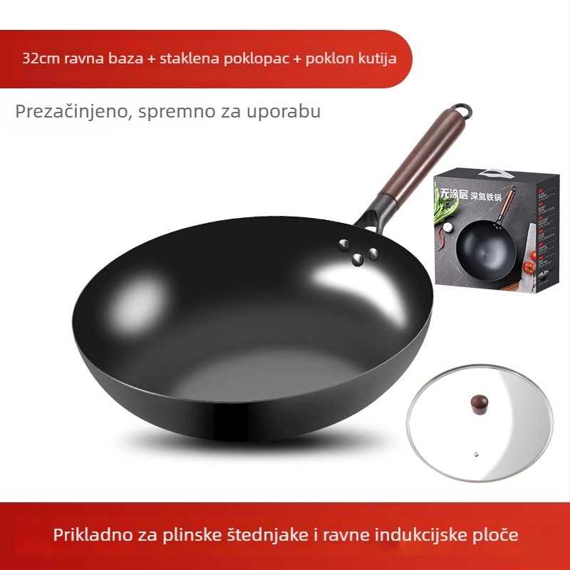 Love mom wok od nitridiranog lijevanog željeza, kineskog stila, okruglo dno, stakleni poklopac