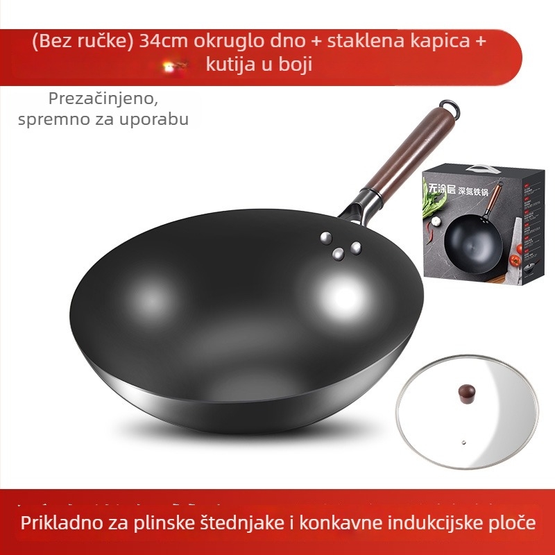 Love mom wok od nitridiranog lijevanog željeza, kineskog stila, okruglo dno, stakleni poklopac