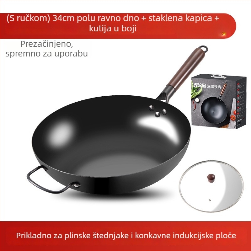 Love mom wok od nitridiranog lijevanog željeza, kineskog stila, okruglo dno, stakleni poklopac