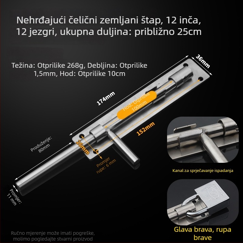 304 nehrđajući čelik – leptirasti zasun za vrata, podni zasun, površinska ugradnja, za drvena, glavna i zavarena željezna vrata
