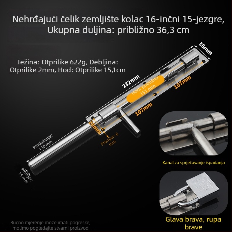304 nehrđajući čelik – leptirasti zasun za vrata, podni zasun, površinska ugradnja, za drvena, glavna i zavarena željezna vrata