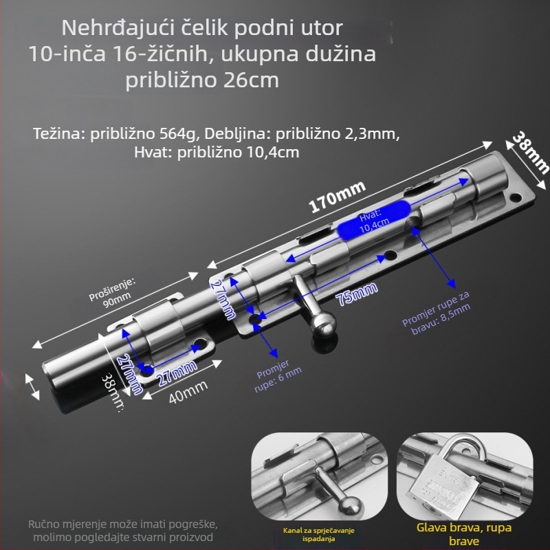 304 nehrđajući čelik – leptirasti zasun za vrata, podni zasun, površinska ugradnja, za drvena, glavna i zavarena željezna vrata