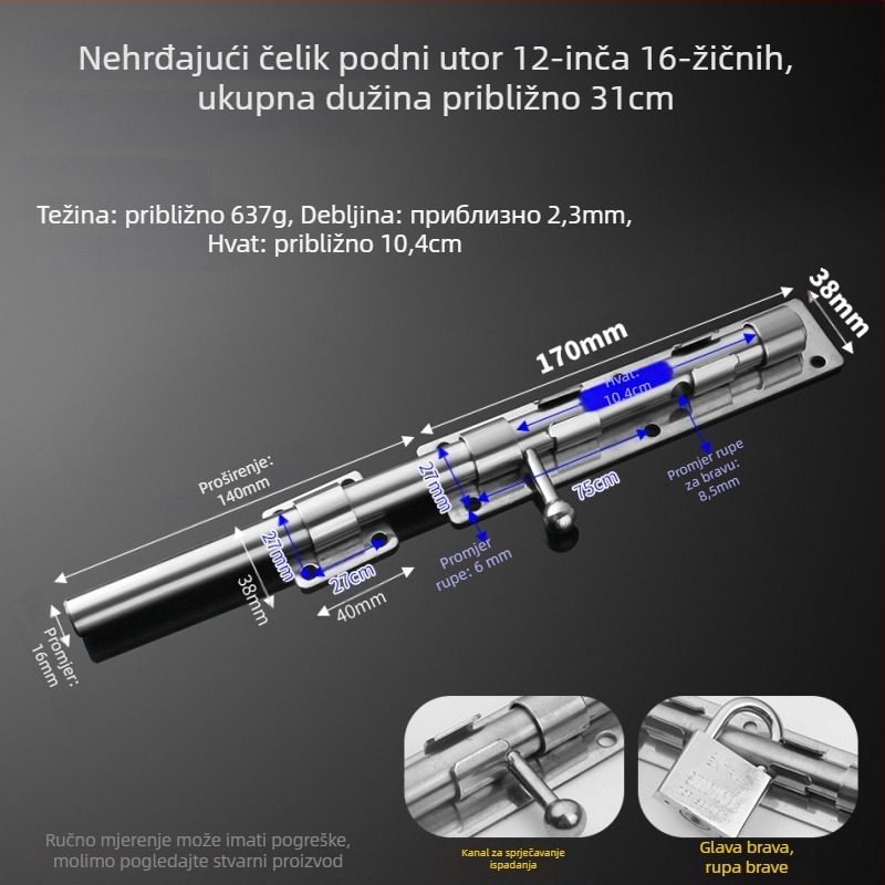 304 nehrđajući čelik – leptirasti zasun za vrata, podni zasun, površinska ugradnja, za drvena, glavna i zavarena željezna vrata
