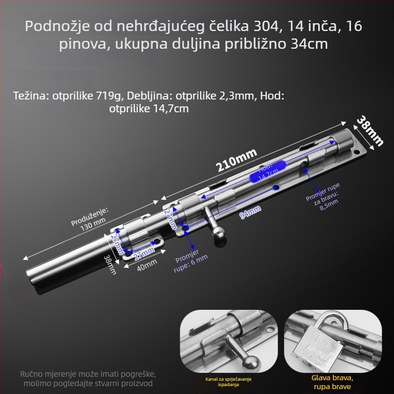 304 nehrđajući čelik – leptirasti zasun za vrata, podni zasun, površinska ugradnja, za drvena, glavna i zavarena željezna vrata