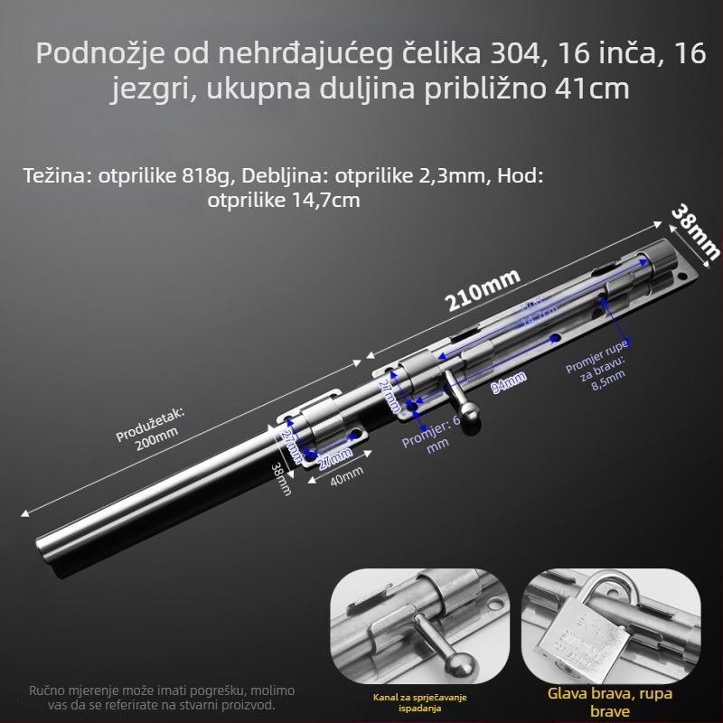 304 nehrđajući čelik – leptirasti zasun za vrata, podni zasun, površinska ugradnja, za drvena, glavna i zavarena željezna vrata