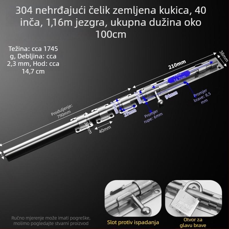 304 nehrđajući čelik – leptirasti zasun za vrata, podni zasun, površinska ugradnja, za drvena, glavna i zavarena željezna vrata