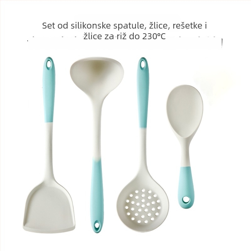 Xukang silikonski set spatula, 4 komada, s klipom za hranu i jušnom žlicom, neprijanjajuće, protuklizno, otporno na visoke temperature