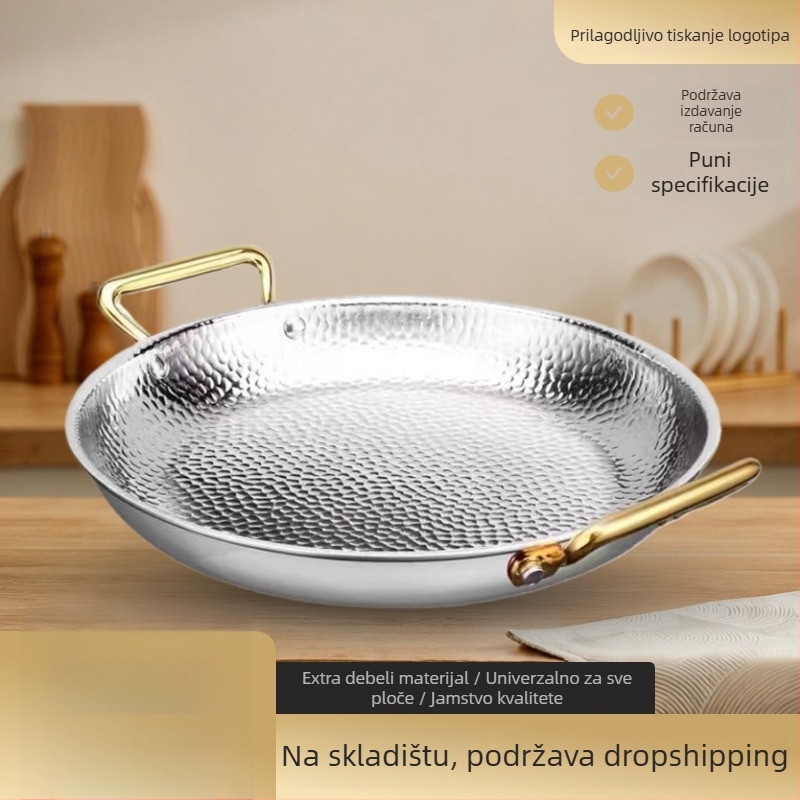 Tiganj za paellu od 304 nehrđajućeg čelika s dvostrukim ručkama, plosno dno s tri sloja, kompatibilno s indukcijom, dubina 4 cm