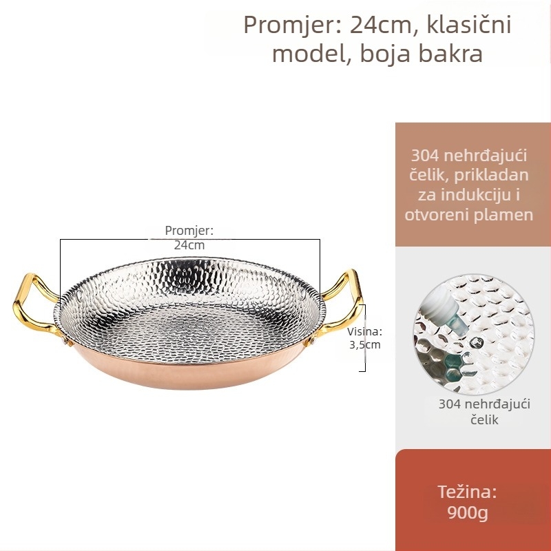 Tiganj za paellu od 304 nehrđajućeg čelika s dvostrukim ručkama, plosno dno s tri sloja, kompatibilno s indukcijom, dubina 4 cm