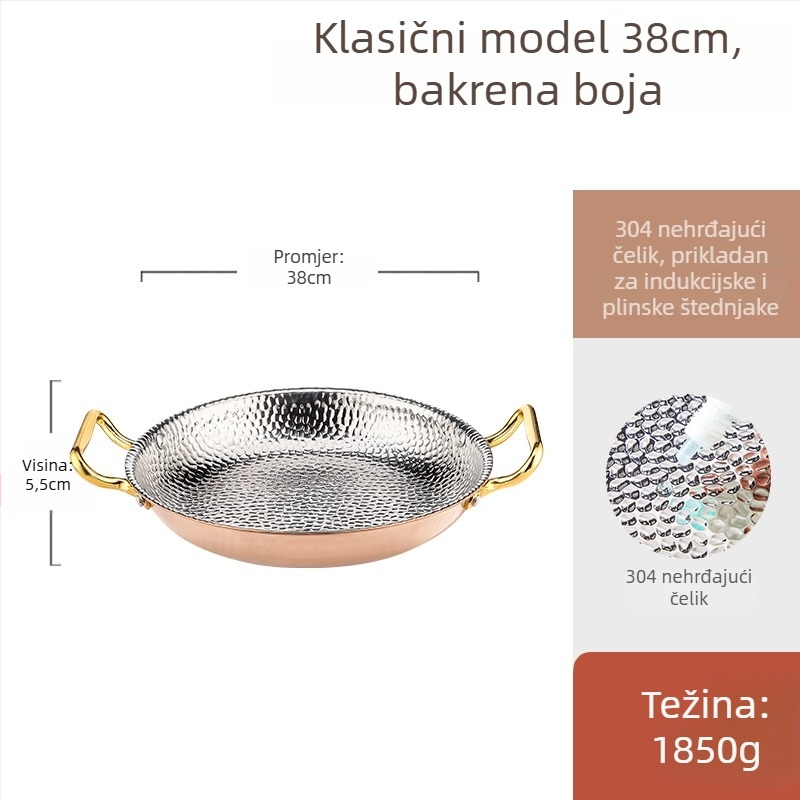 Tiganj za paellu od 304 nehrđajućeg čelika s dvostrukim ručkama, plosno dno s tri sloja, kompatibilno s indukcijom, dubina 4 cm