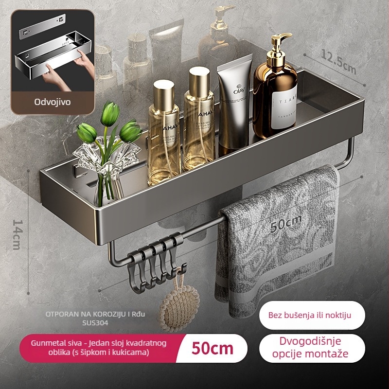 Kupaonski stalak od nehrđajućeg čelika 304, zidni, bez bušenja, 1 polica, nosivost 8 kg, model QY-75