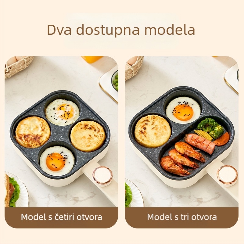 Električna četverootvorna tava za omletu s neprijanjajućim premazom, tijelo od aluminijske legure, 900W, 220V, staklena poklopac