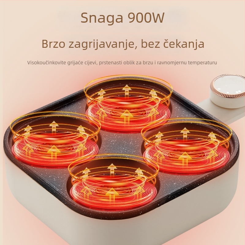 Električna četverootvorna tava za omletu s neprijanjajućim premazom, tijelo od aluminijske legure, 900W, 220V, staklena poklopac