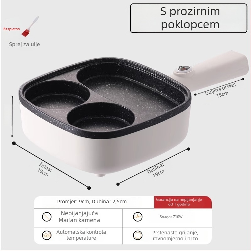 Električna četverootvorna tava za omletu s neprijanjajućim premazom, tijelo od aluminijske legure, 900W, 220V, staklena poklopac