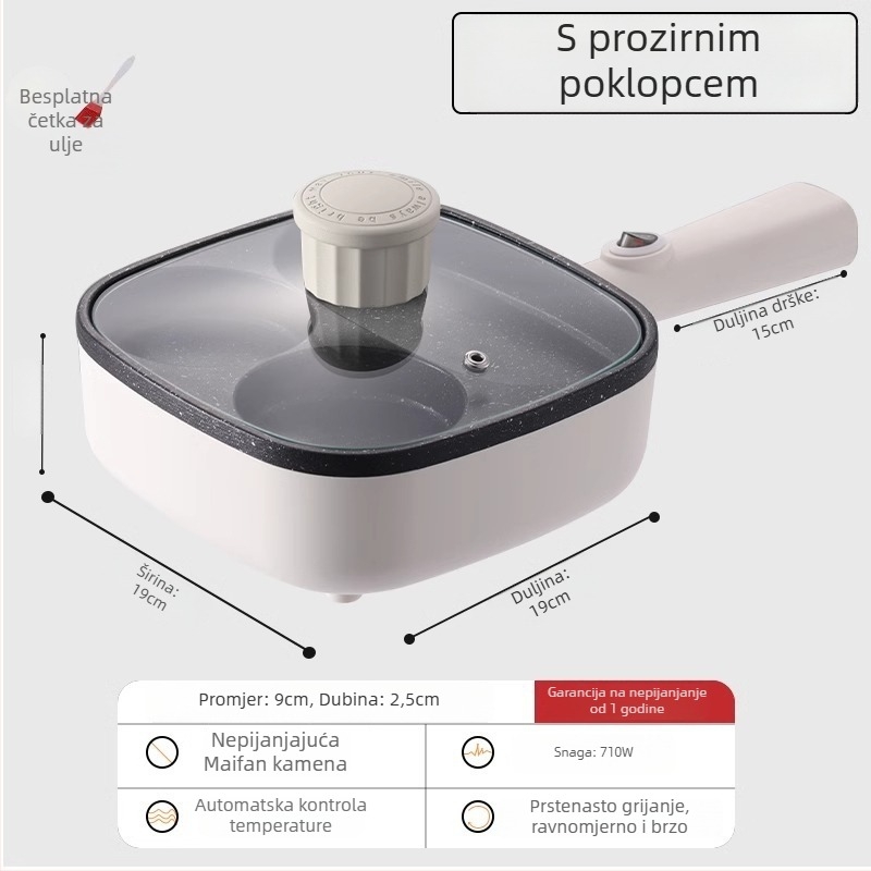 Električna četverootvorna tava za omletu s neprijanjajućim premazom, tijelo od aluminijske legure, 900W, 220V, staklena poklopac